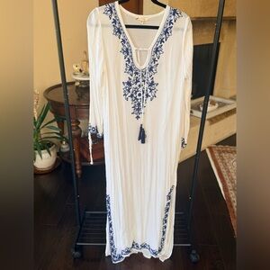 Bohemian Long Sleeve Dress with Navy Embroidery